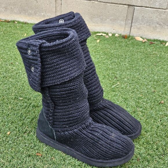 UGG Australia Classic Cardy Knit Boot Womens Size 8 Wool Black Buttons Fold Over - Picture 3 of 14